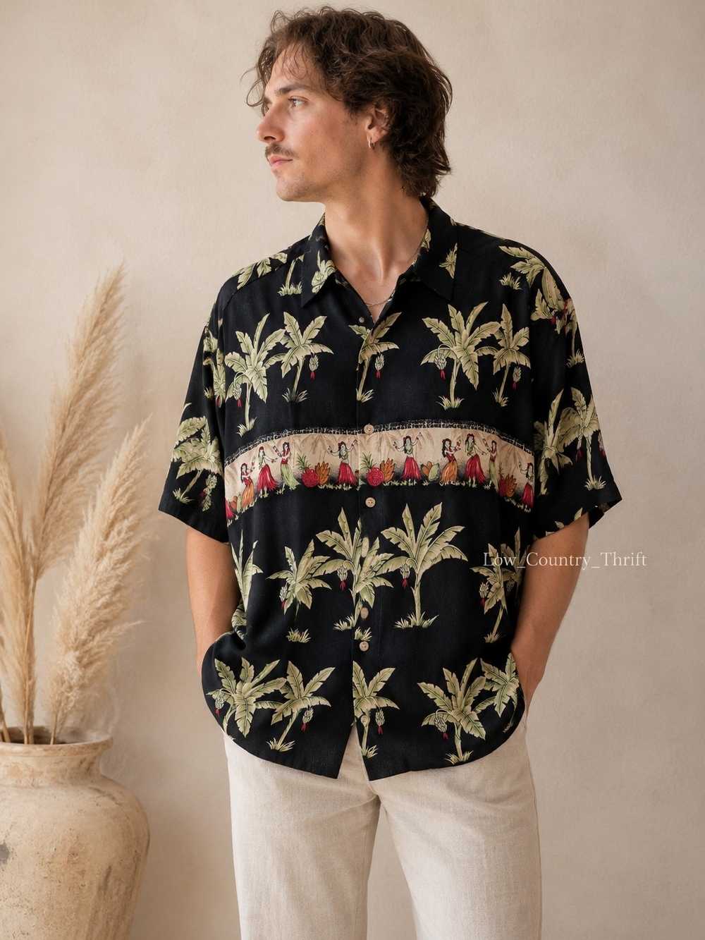 Black Palm-Print Short Sleeve Shirt